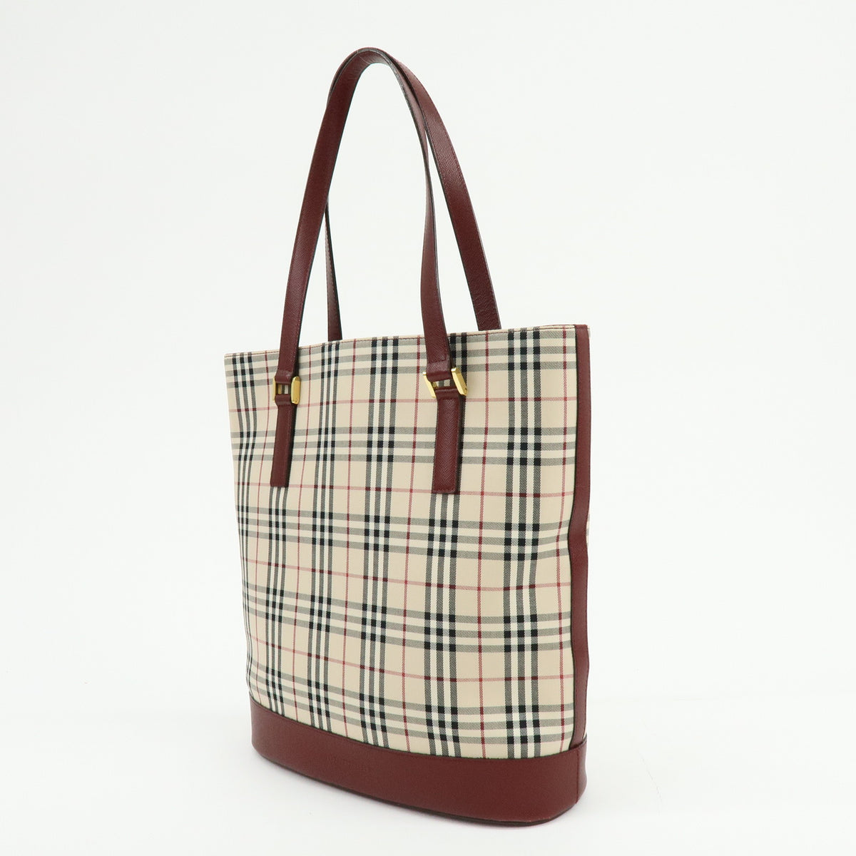 BURBERRY Nova Plaid Canvas Leather Tote Bag Shoulder Bag Beige Wine Red