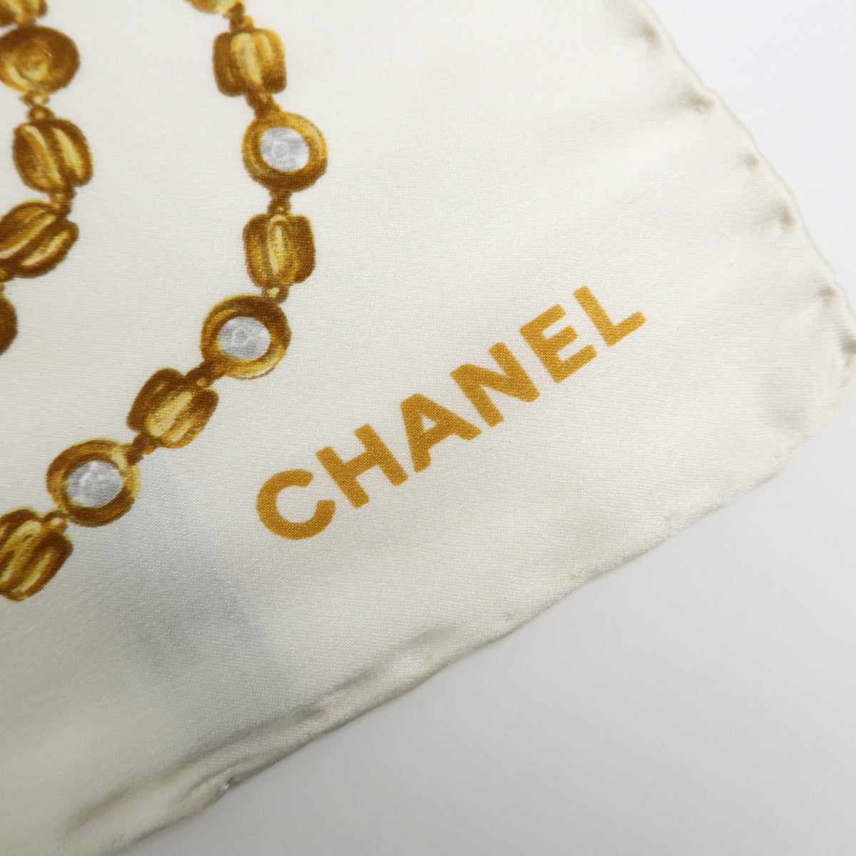 CHANEL Silk 100% Scarf Chain Print White Yellow