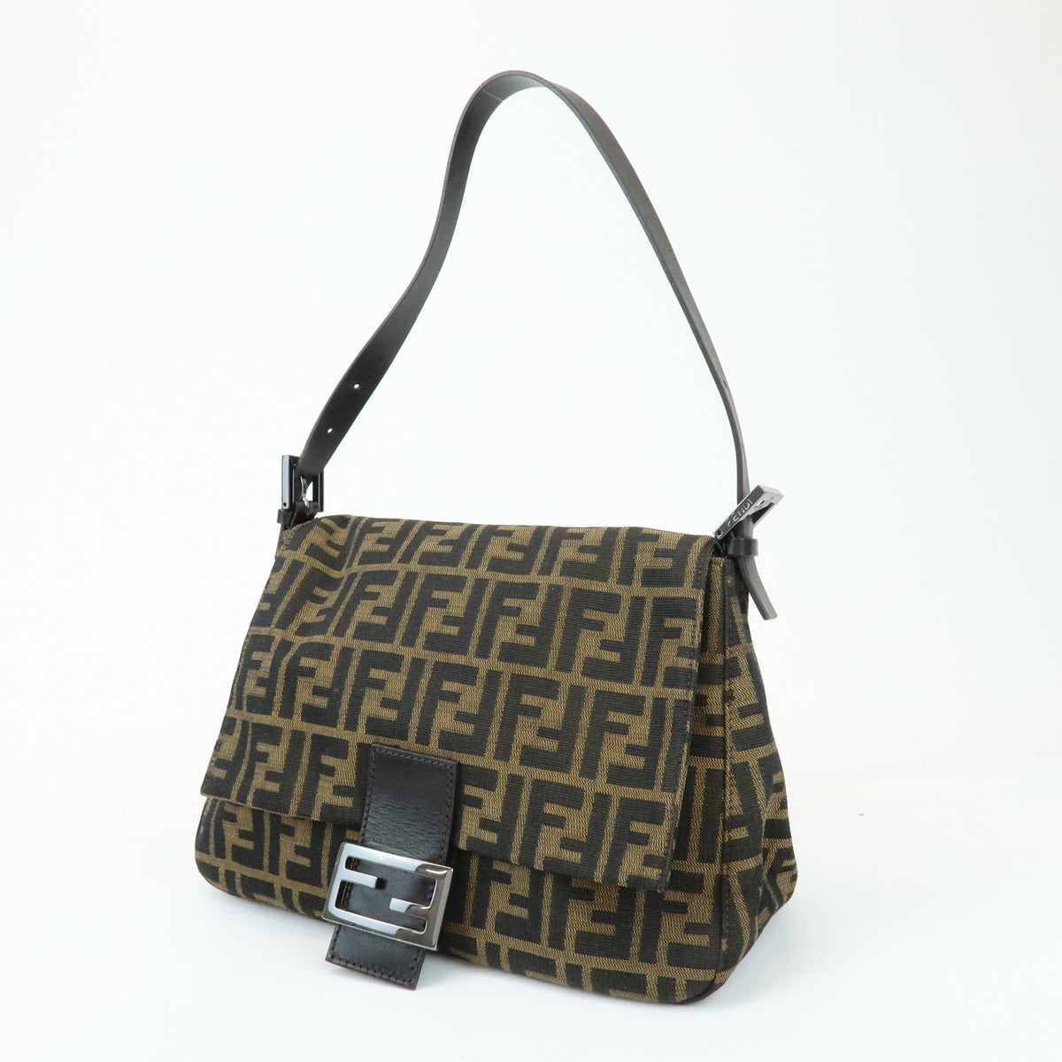 FENDI Mamma Baguette Zucca Canvas Leather Shoulder Bag Brown 8BR001