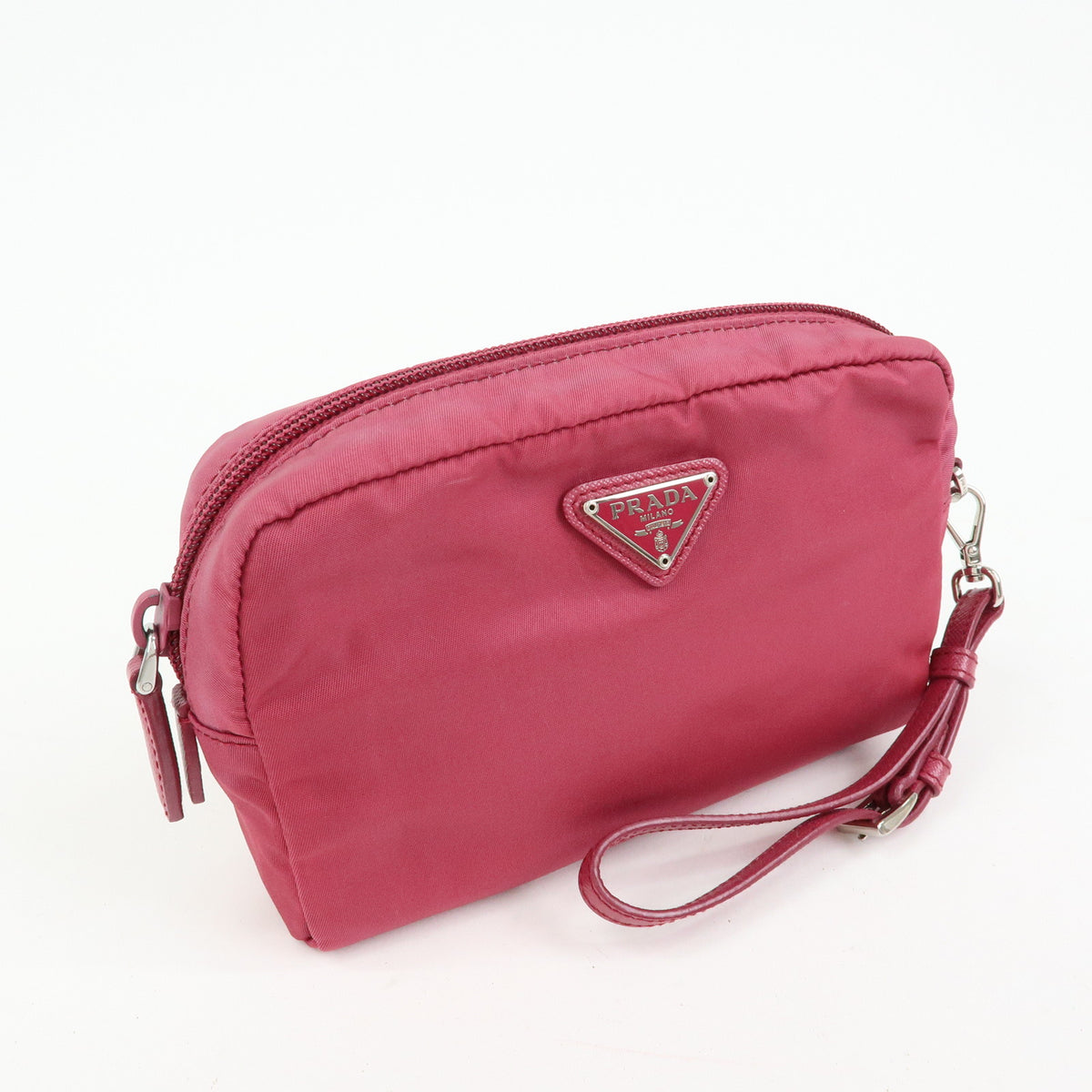 PRADA Triangle Logo Nylon Saffiano Leather Cosmetic Pouch Pink 1N0340