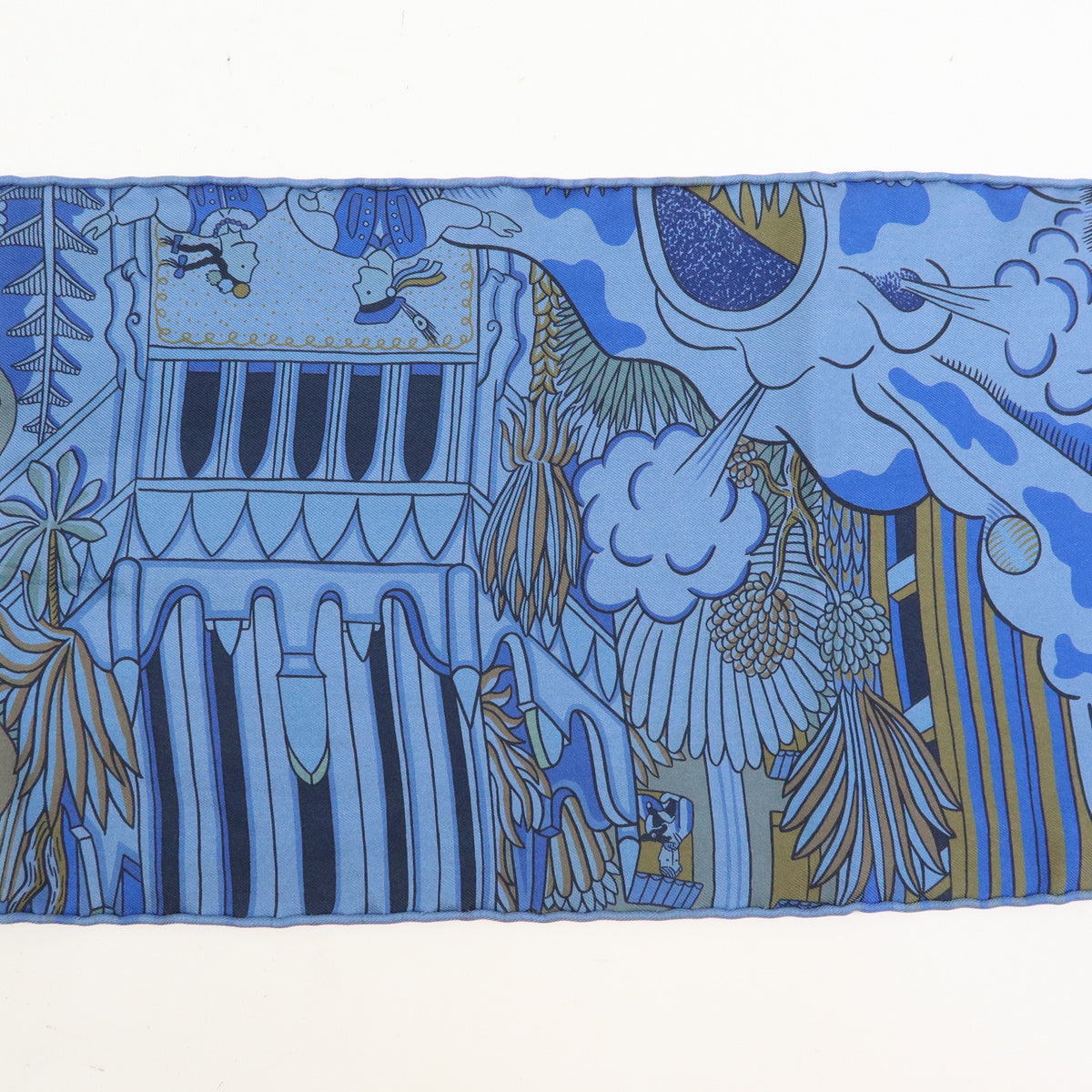 HERMES Maxi Twilly Silk 100% Scarf ANIMAPOLIS Blue Beige Black