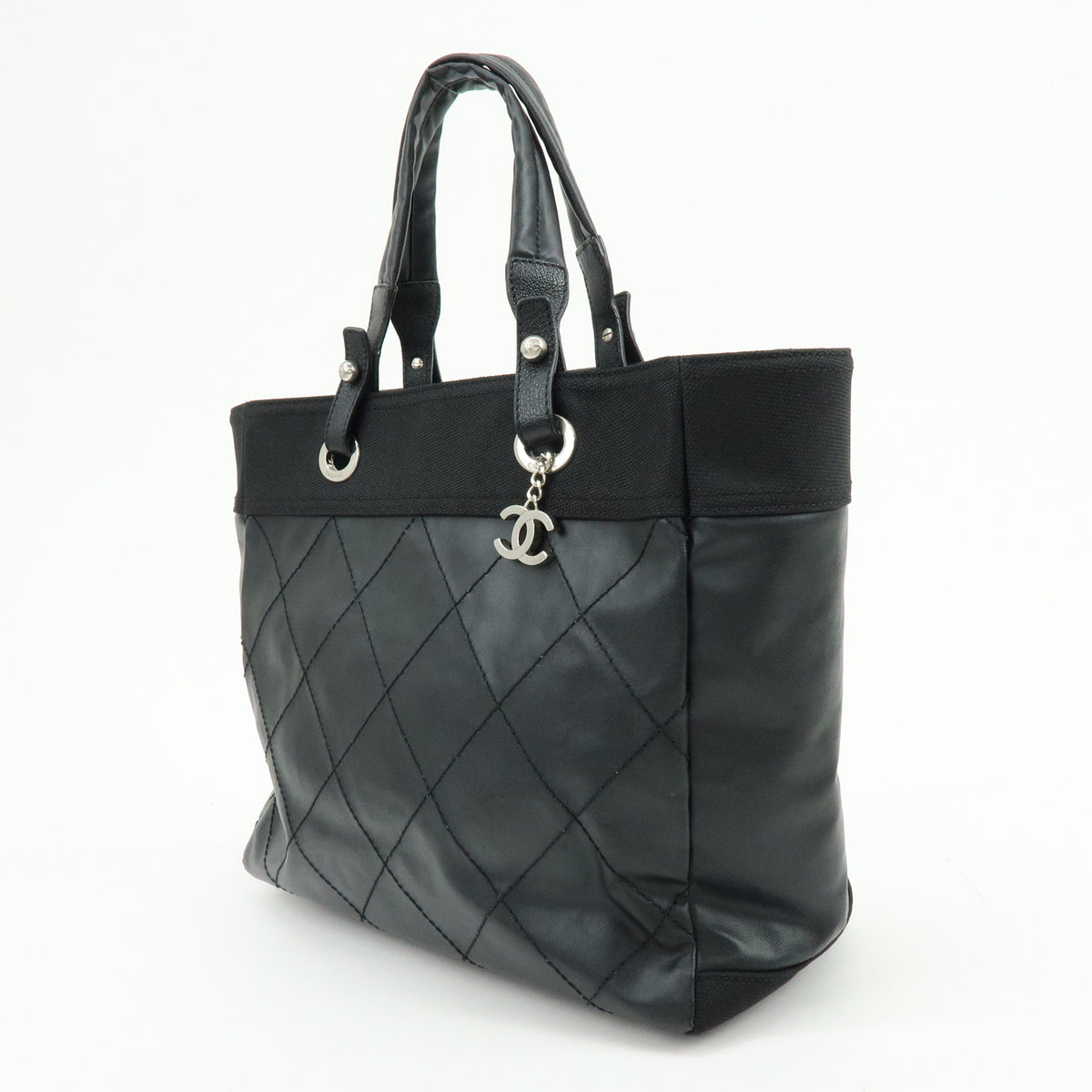 CHANEL Paris Biarritz MM PVC Leather Tote Bag Hand Bag Black A34209