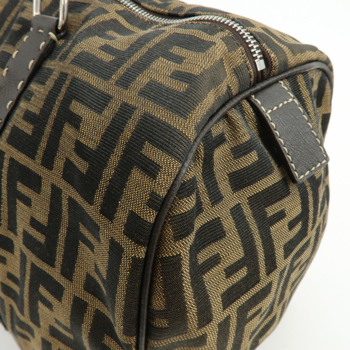 FENDI Zucca Selleria Jacquard Leather Shoulder Bag Boston Bag Brown