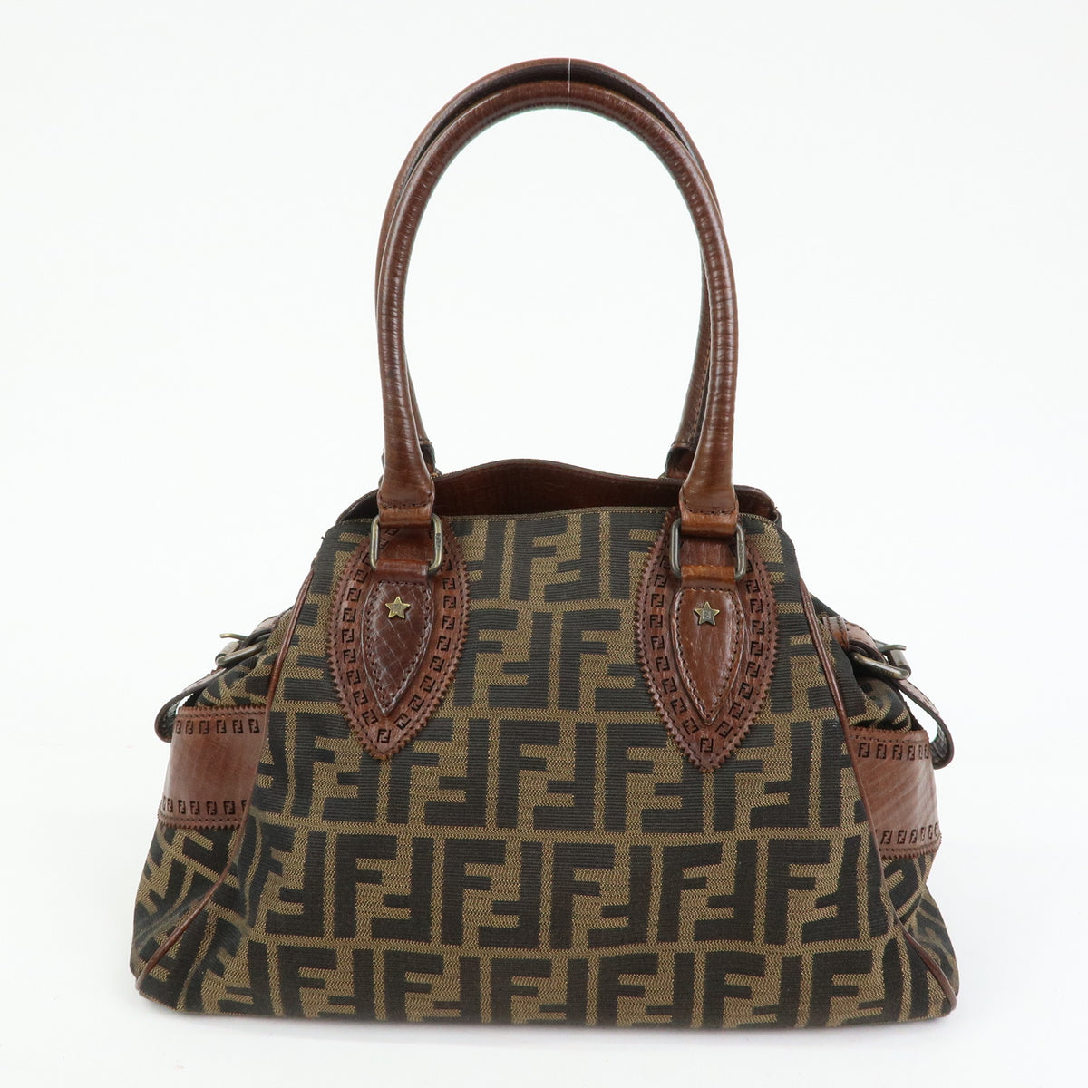 FENDI Etnico Zucca Canvas Leather Tote Bag Shoulder Bag Brown 8BN157