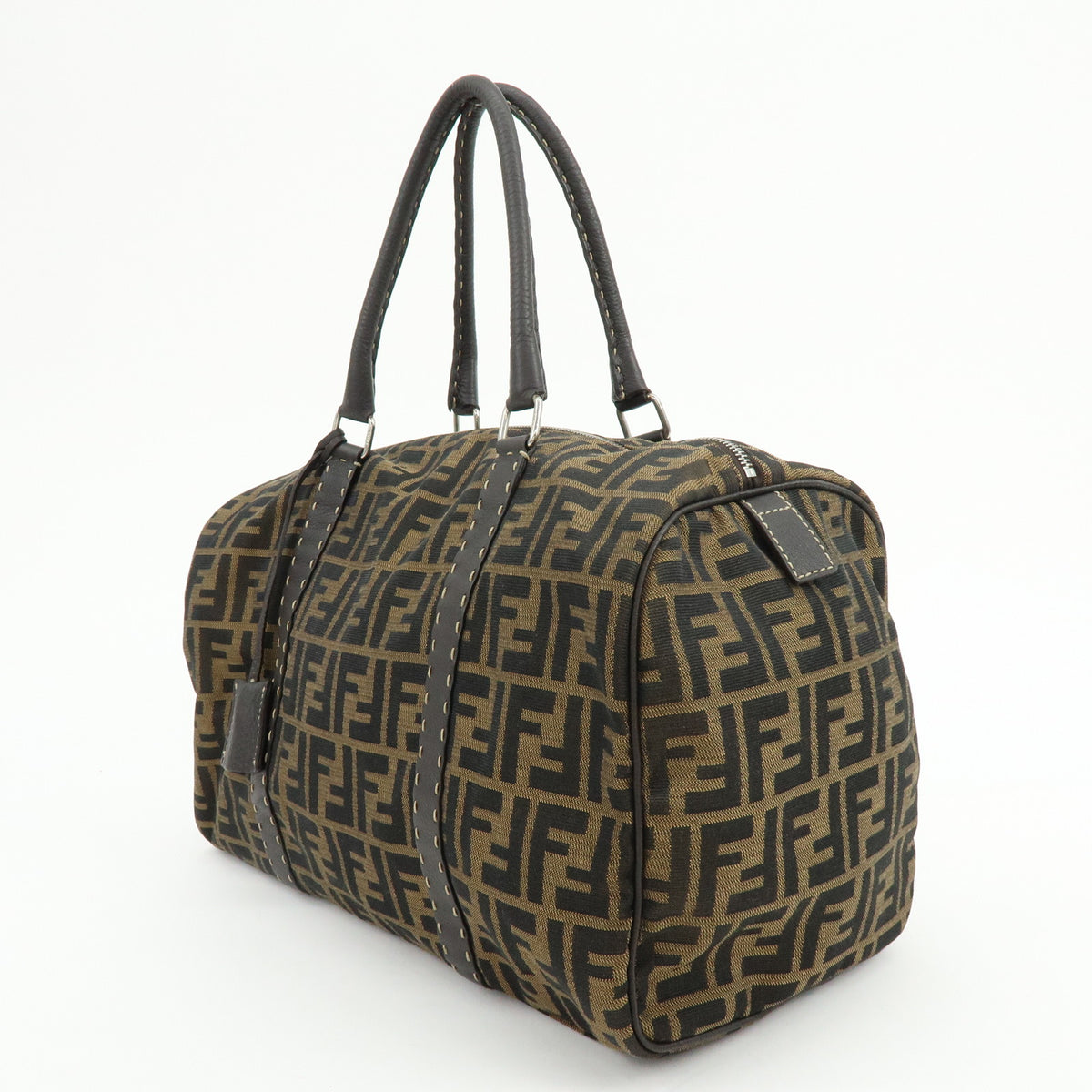 FENDI Zucca Selleria Jacquard Leather Shoulder Bag Boston Bag Brown