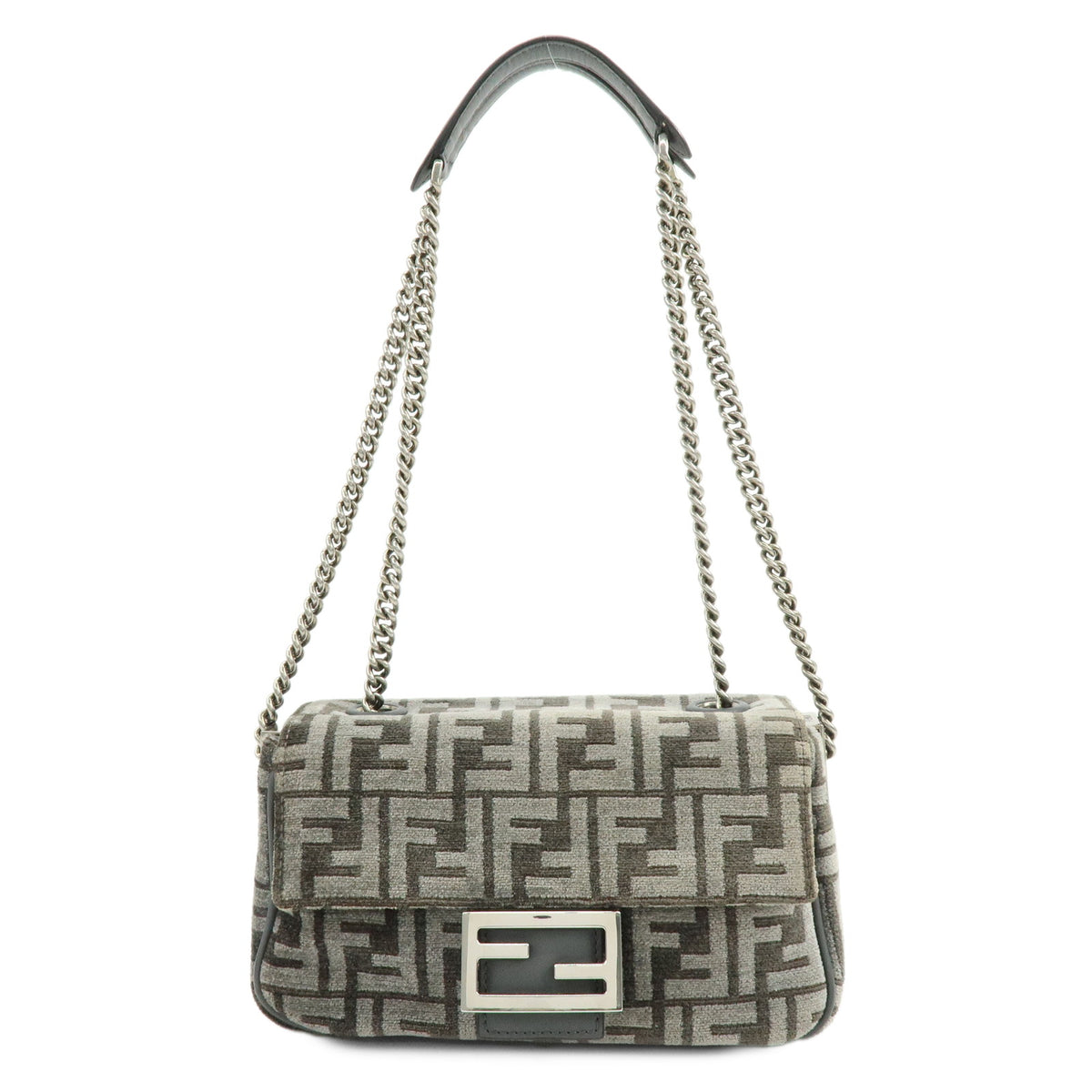 FENDI Zucca Baguette Chain Midi Viscose Shoulder Bag Gray 8BR793