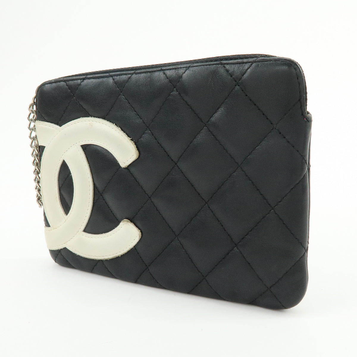 CHANEL Cambon Line COCO Mark Calf Skin Cosmetic Pouch Black White