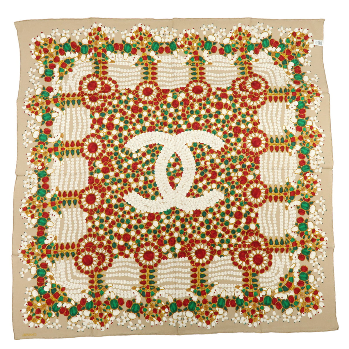 CHANEL COCO Mark Silk100% Jewelry Pattern Scarf Brown Red
