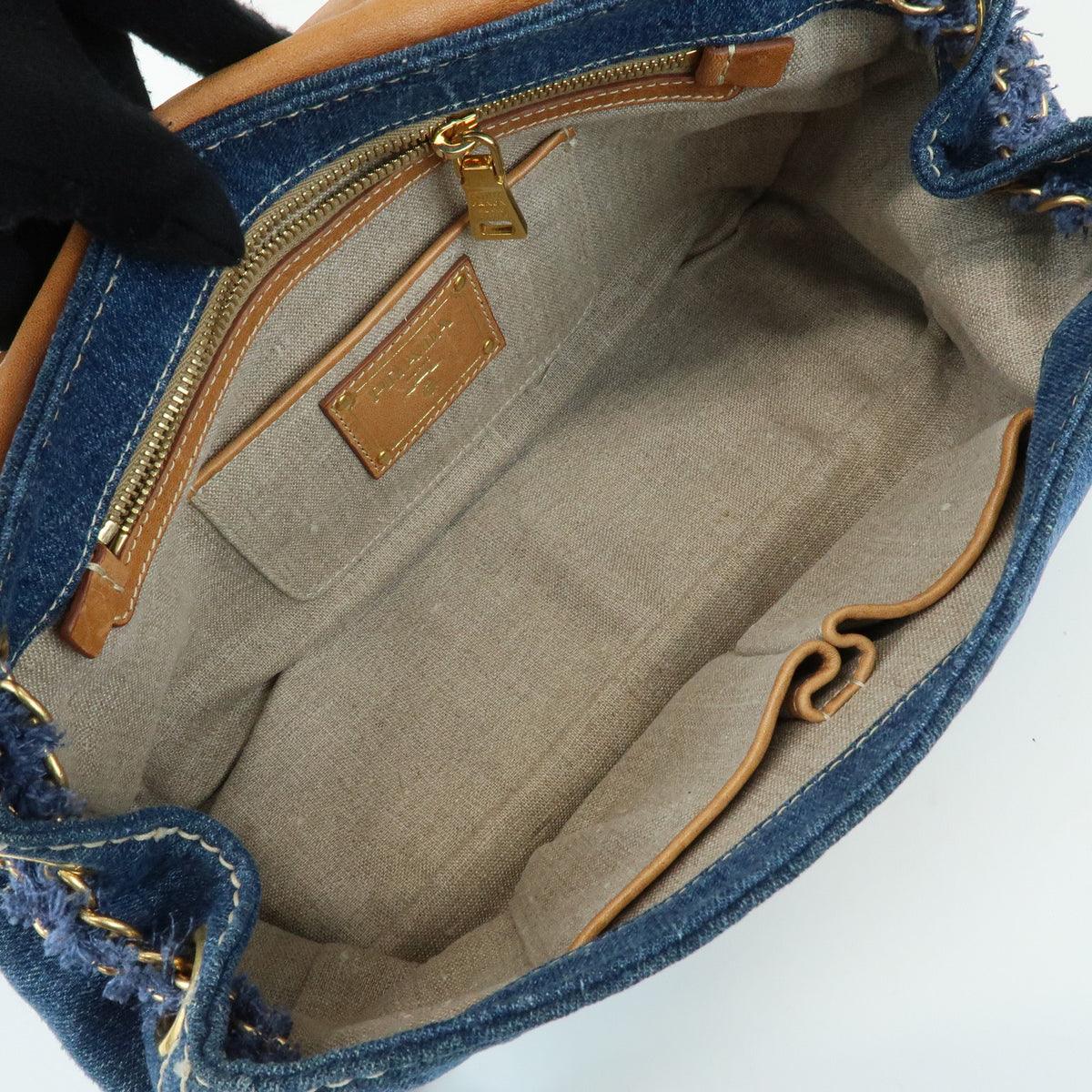 PRADA Front Flap Denim Leather Chain Shoulder Bag Blue Camel BR4659