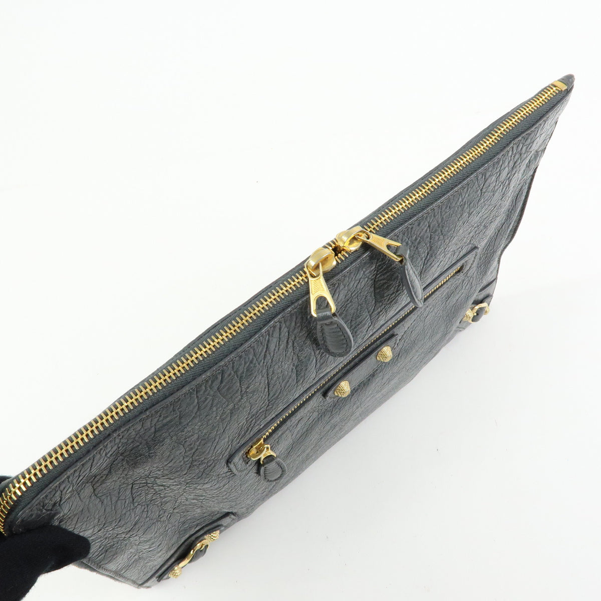 BALENCIAGA City Giant Motor Clutch Bag Leather Pouch Gray 370994