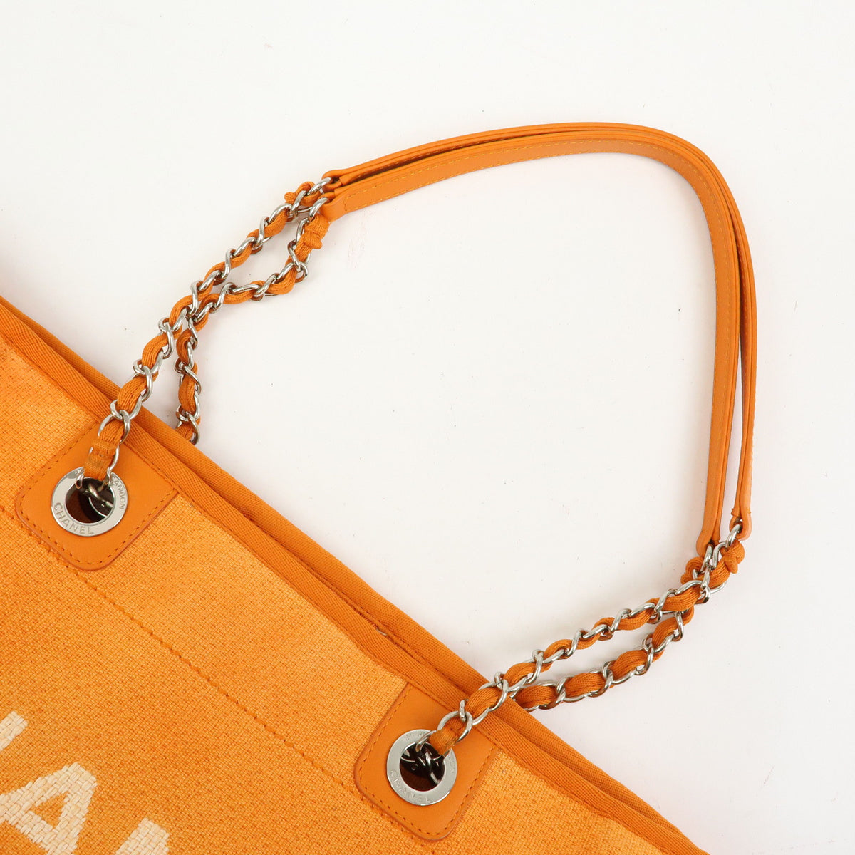 CHANEL Deauville MM Straw Leather Tote Bag Shoulder Bag Orange A67001