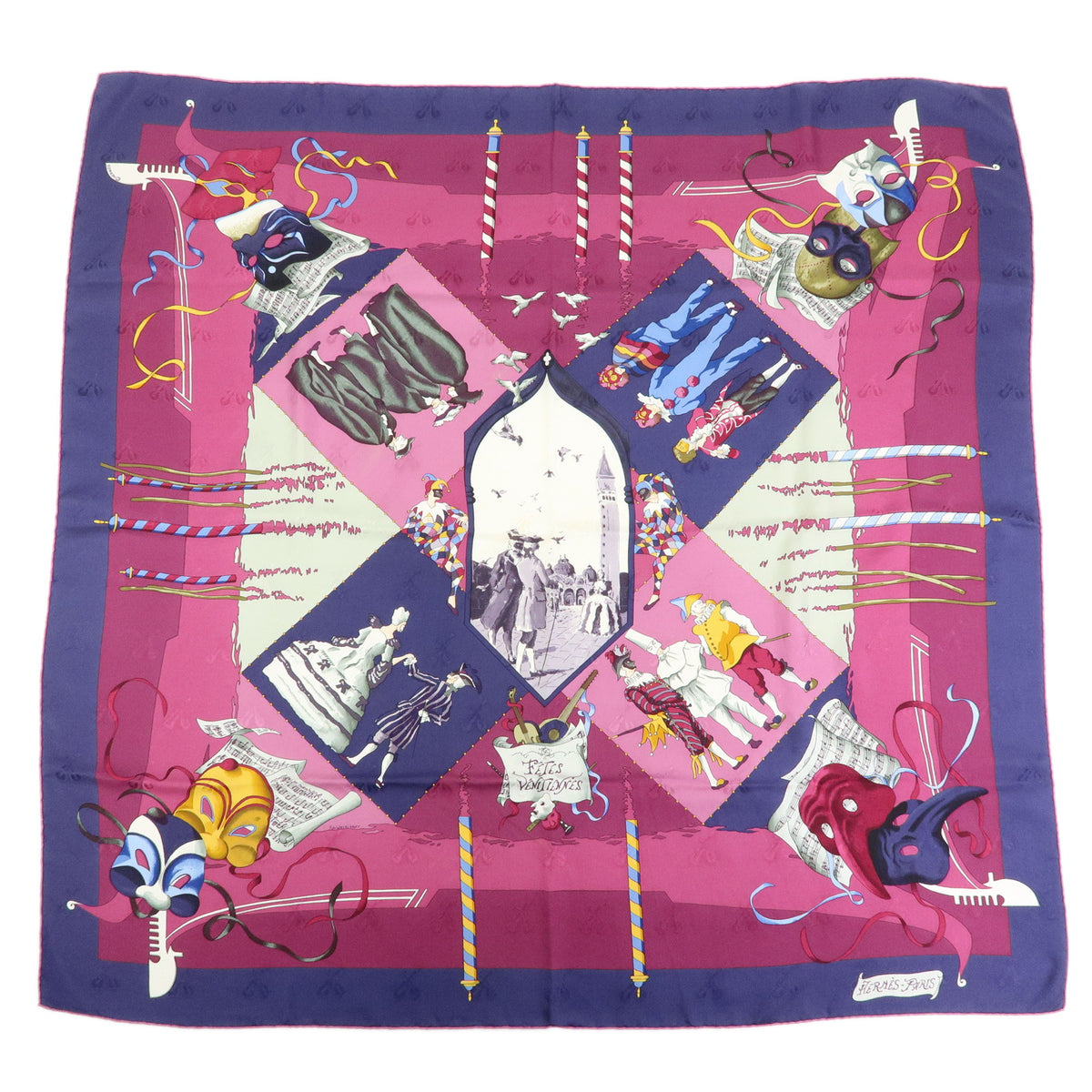 HERMES Carre 90 Silk 100% Scarf Fetes Venitiennes Purple