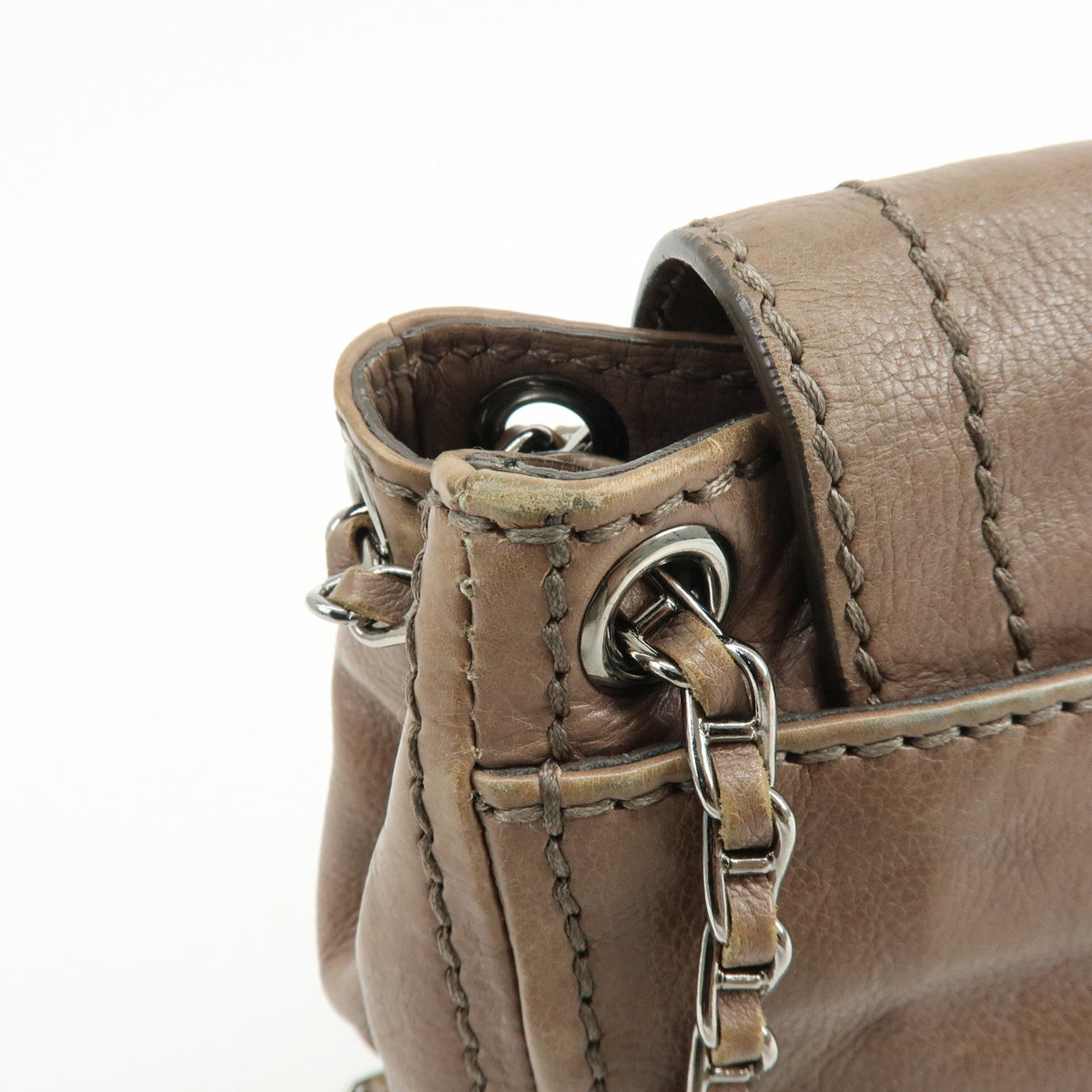 PRADA Logo Leather Flap Chain Shoulder Bag Hand Bag Greige B4659C