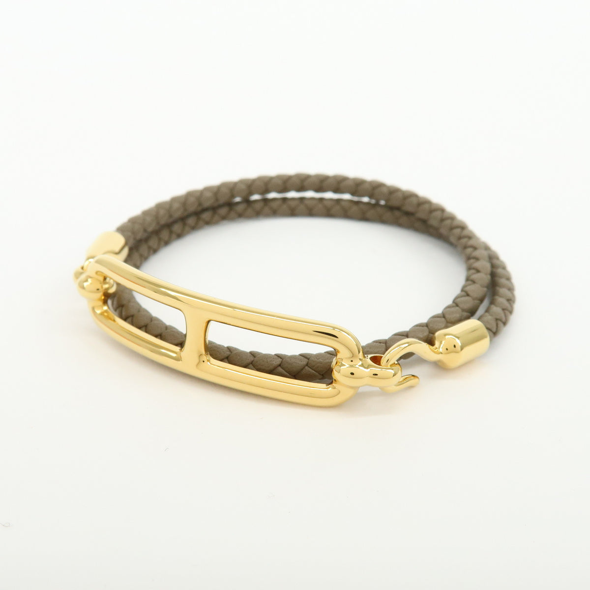 HERMES Leather Plated Roulis Double Tour Bracelet Beige Gold