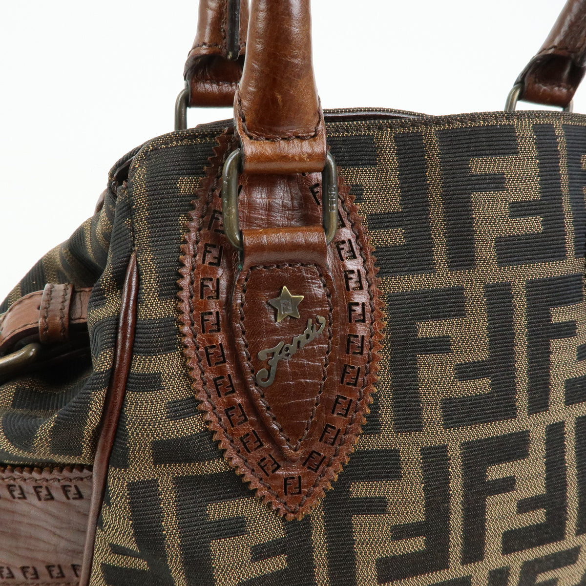 FENDI Etnico Zucca Canvas Leather Tote Bag Shoulder Bag Brown 8BN157