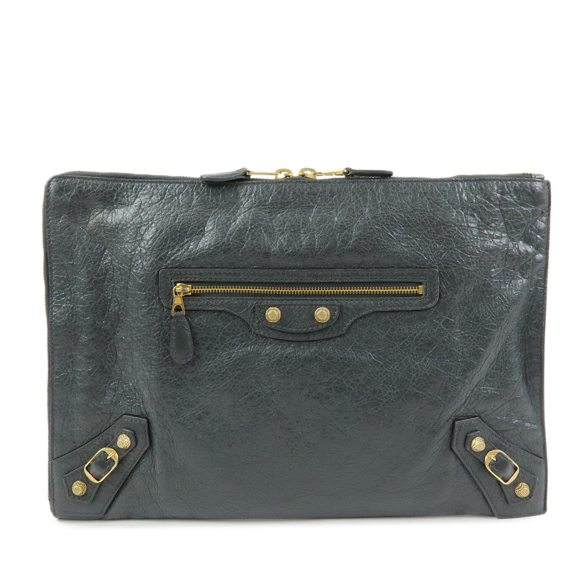 BALENCIAGA City Giant Motor Clutch Bag Leather Pouch Gray 370994