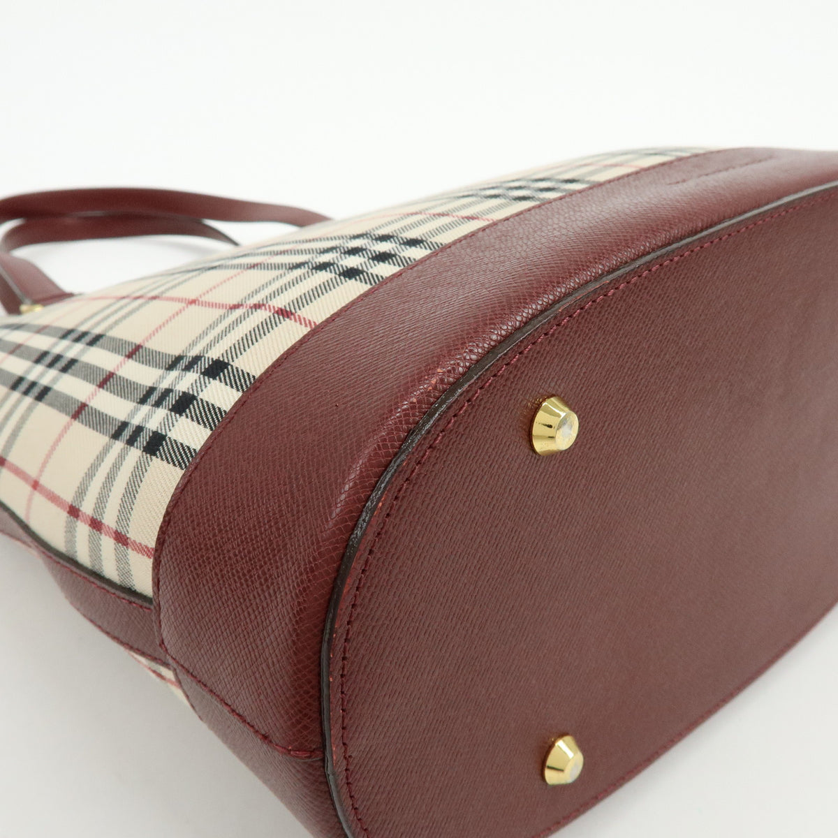 BURBERRY Nova Plaid Canvas Leather Tote Bag Shoulder Bag Beige Wine Red