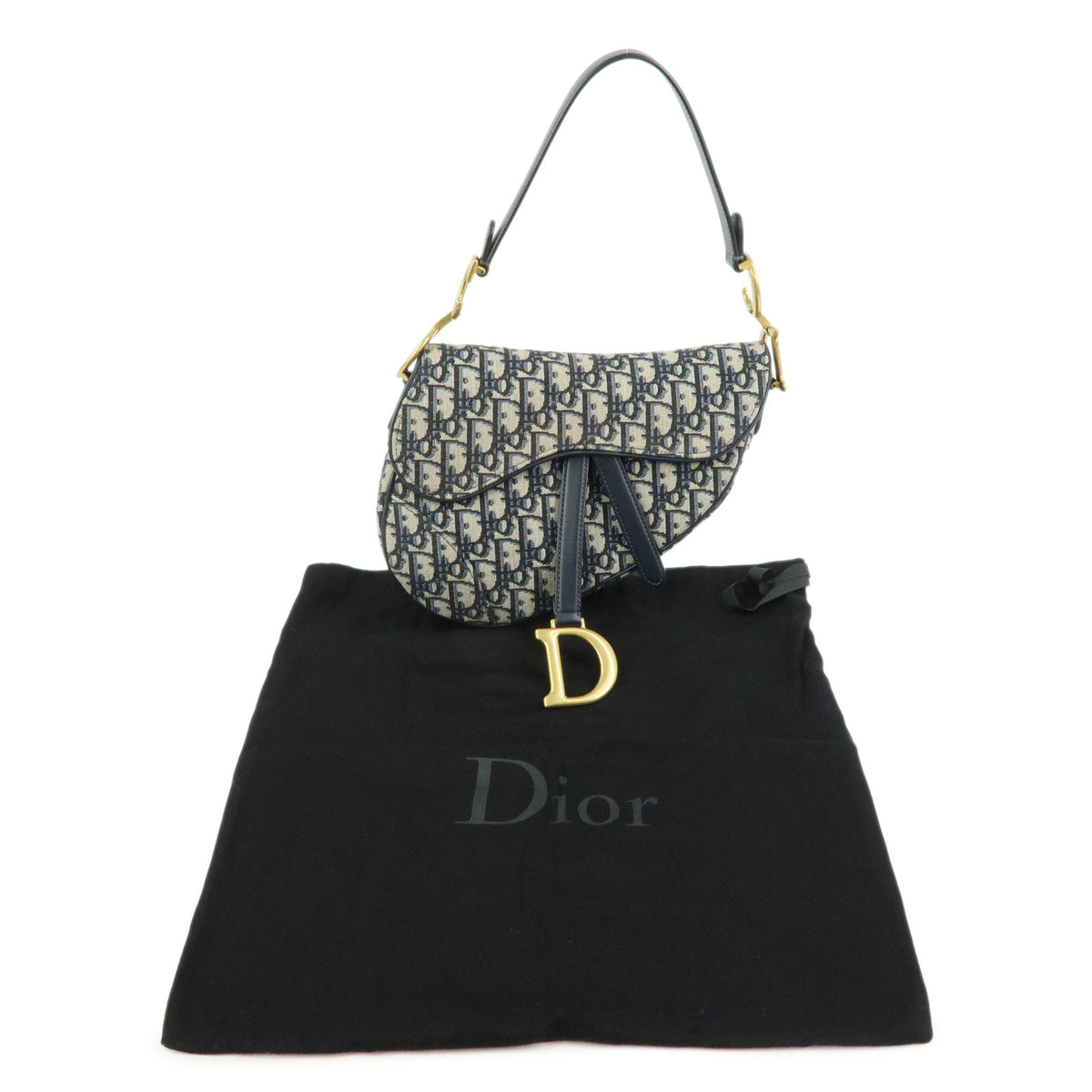 Christian Dior Saddle Oblique Jaquard Leather Shoulder Bag Navy Beige