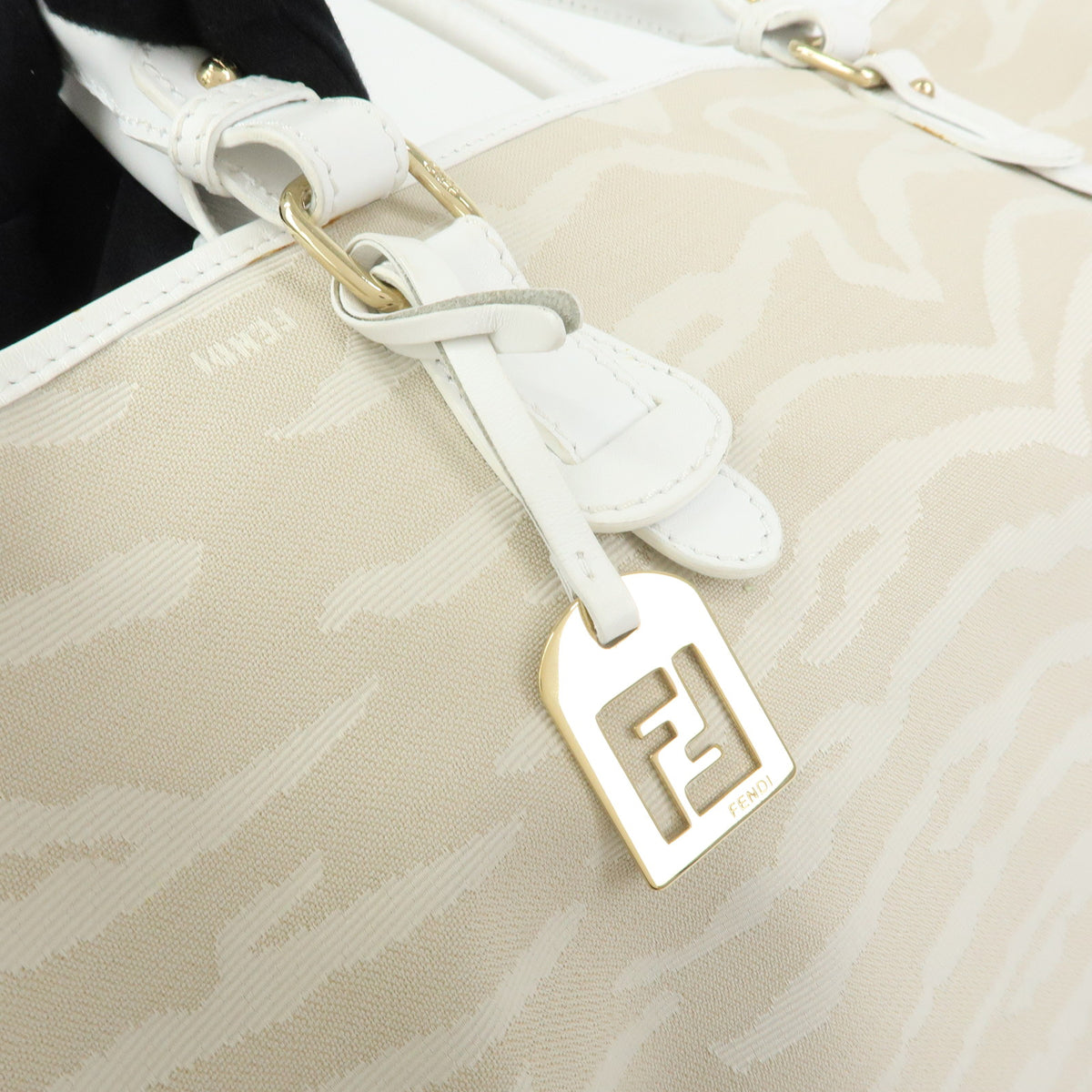 FENDI Canvas Leather Zebra Pattern Tote Bag Hand Bag Beige White 8BH115