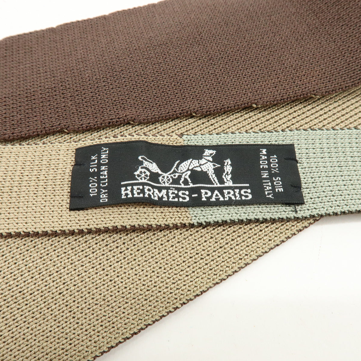 HERMES Silk 100% Knit Tie Brown Beige Green