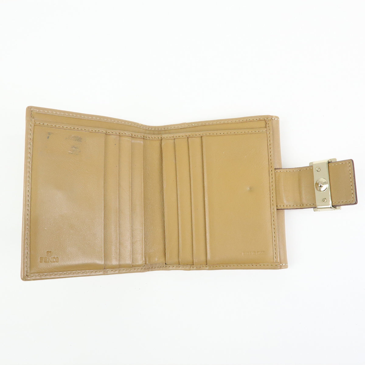 FENDI Logo Leather Bi-fold Compact Wallet Brown Gold 8M0188