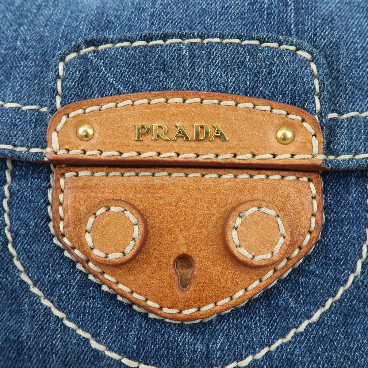 PRADA Front Flap Denim Leather Chain Shoulder Bag Blue Camel BR4659