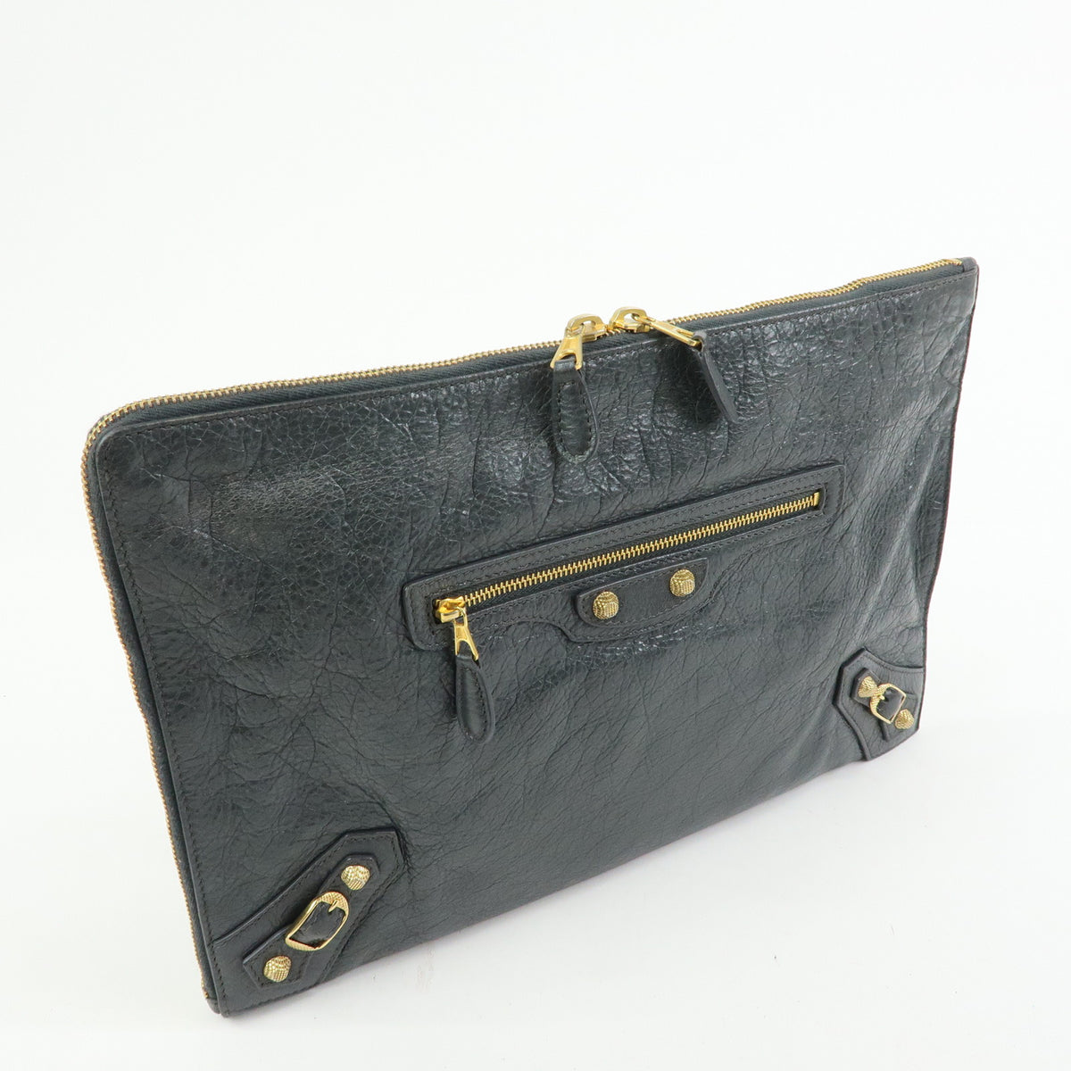 BALENCIAGA City Giant Motor Clutch Bag Leather Pouch Gray 370994