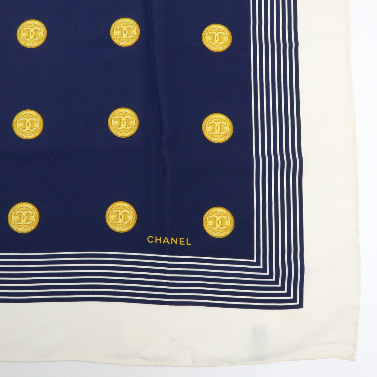 CHANEL COCO Mark Silk 100% Scarf Coin Strip Navy White Yellow