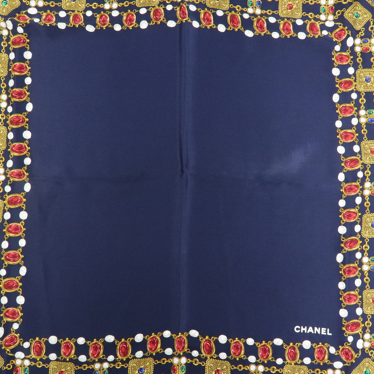 CHANEL Silk 100% Scarf Bijou Chain Print Navy Gold
