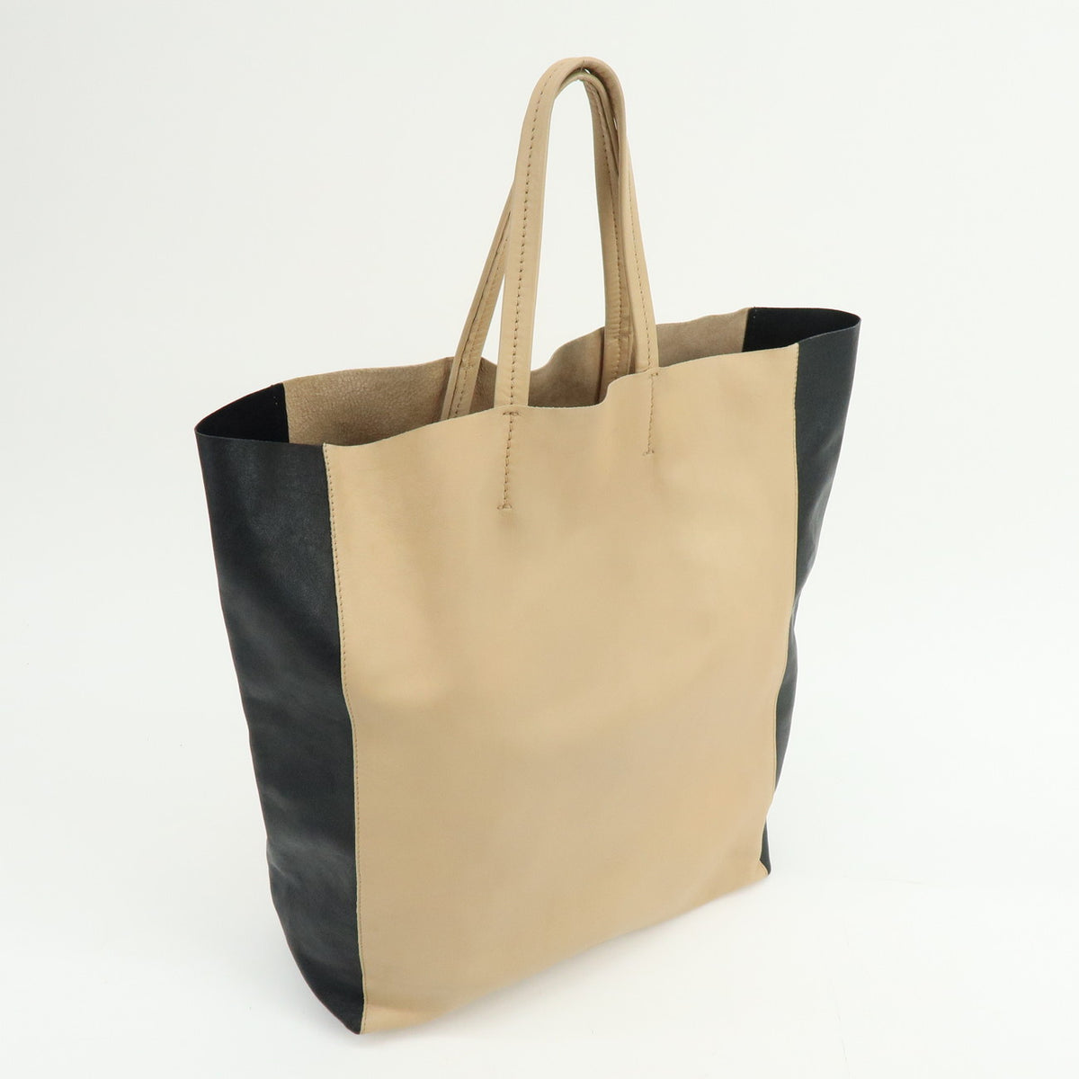 CELINE Horizontal Cabas Leather Tote Bag Hand Bag Beige Black