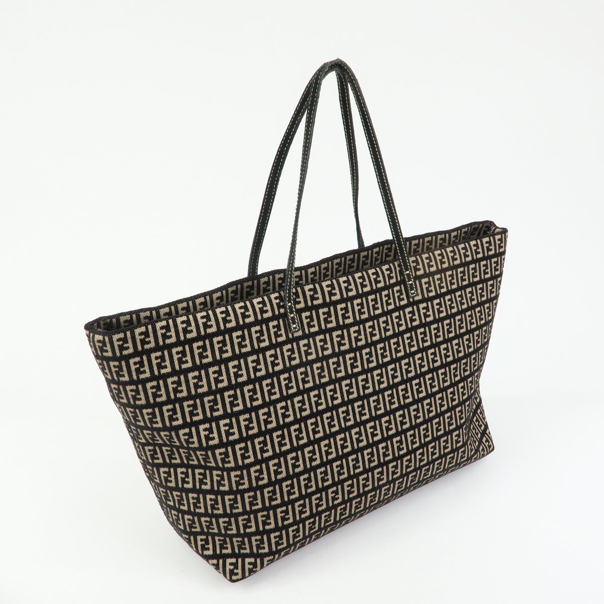 FENDI Zucchino Canvas Leather Tote Bag Shoulder Bag Black Beige 8BH005