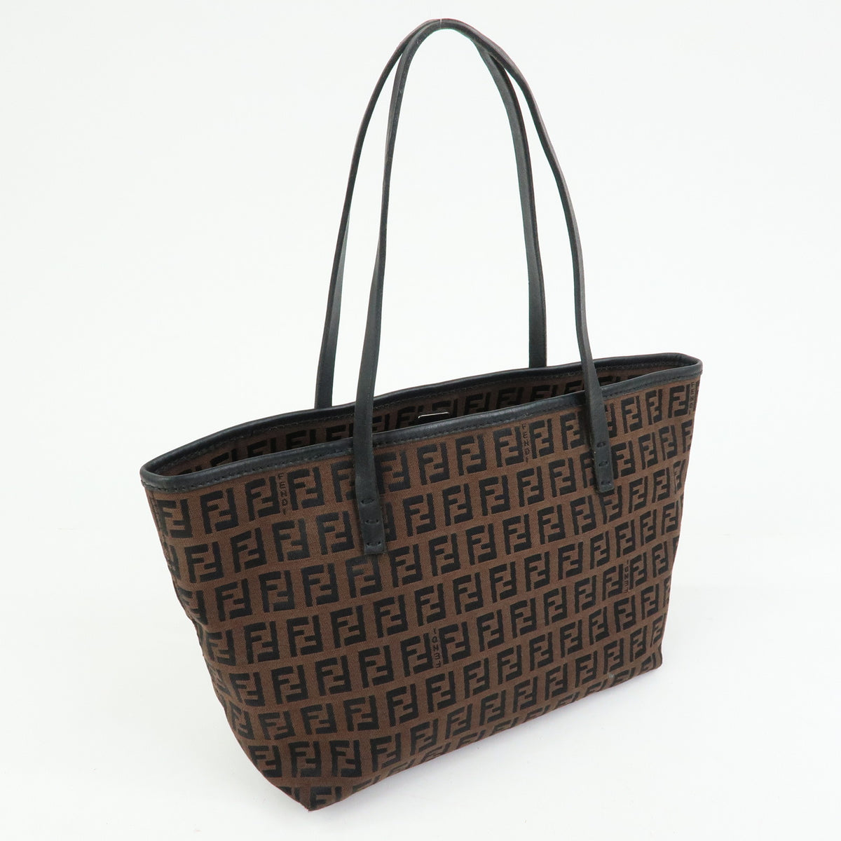 FENDI Zucchino Canvas Leather Tote Bag Hand Bag Brown Black 8BH075
