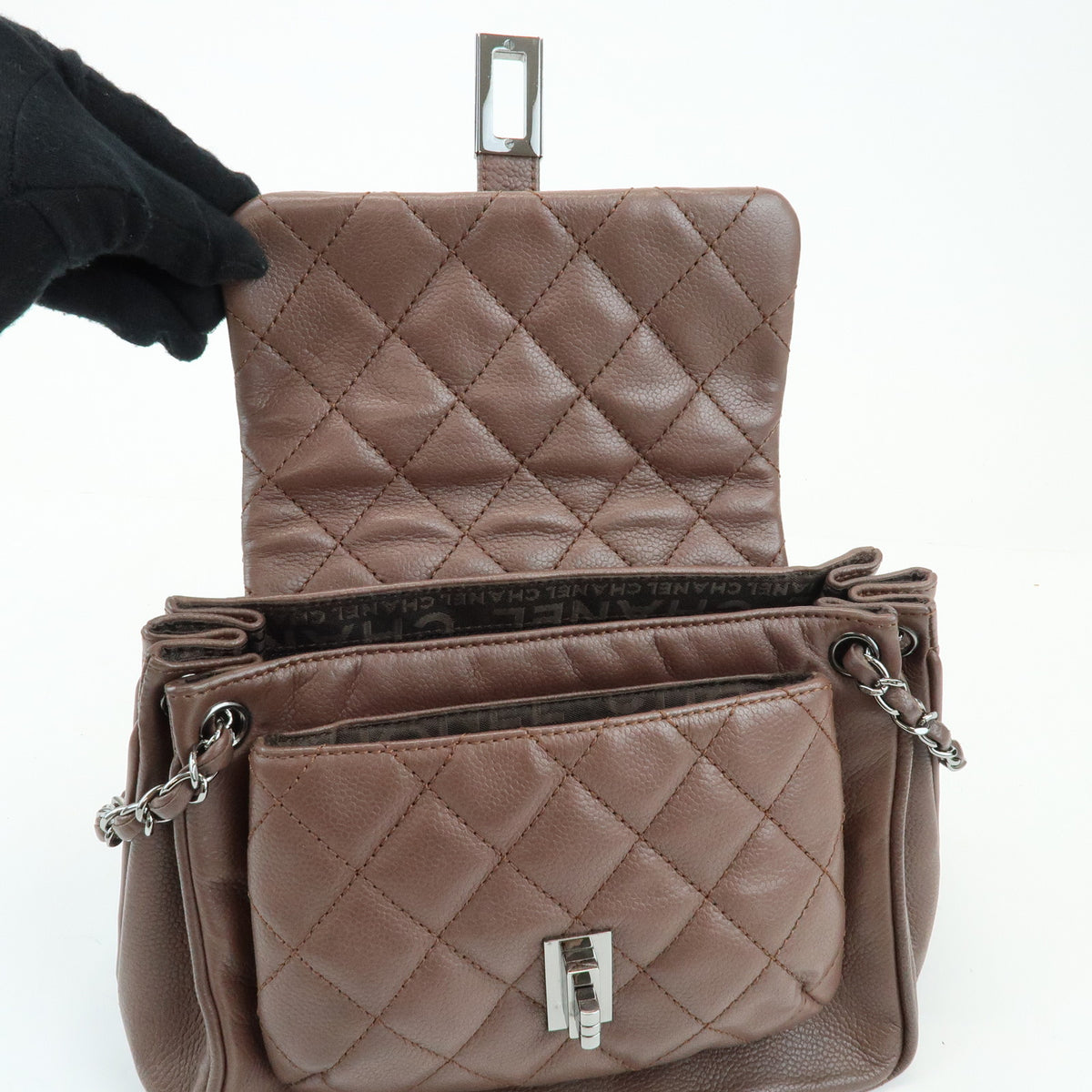 CHANEL 2.55 Mademoiselle Lock Lamb Skin Chain Shoulder Bag Brown