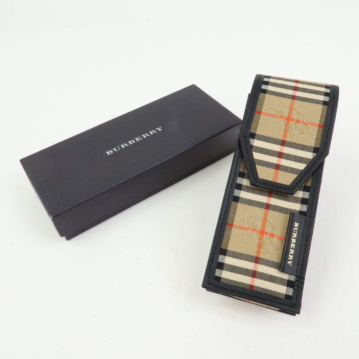 BURBERRY Nova Plaid Canvas Leather Pencil Case Pen Sleeve Beige