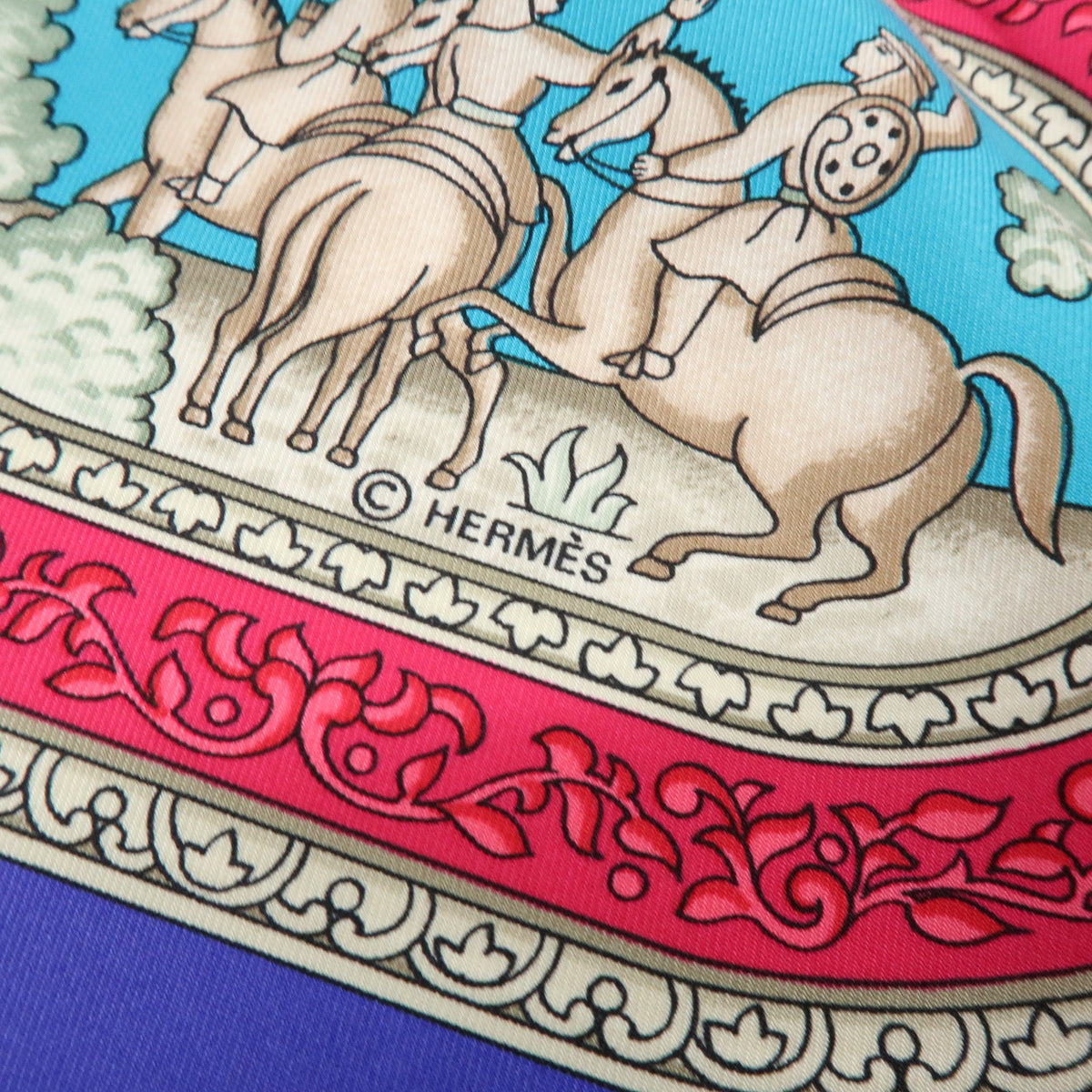 HERMES Carre 90 Silk 100% Scarf QALAMDAN Purple Brown Blue