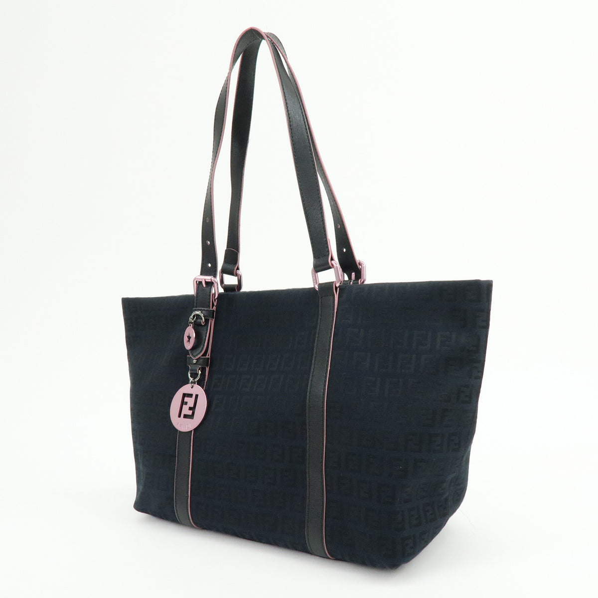 FENDI Zucchino Canvas Leather Tote Bag Shoulder Bag Black 8BH215