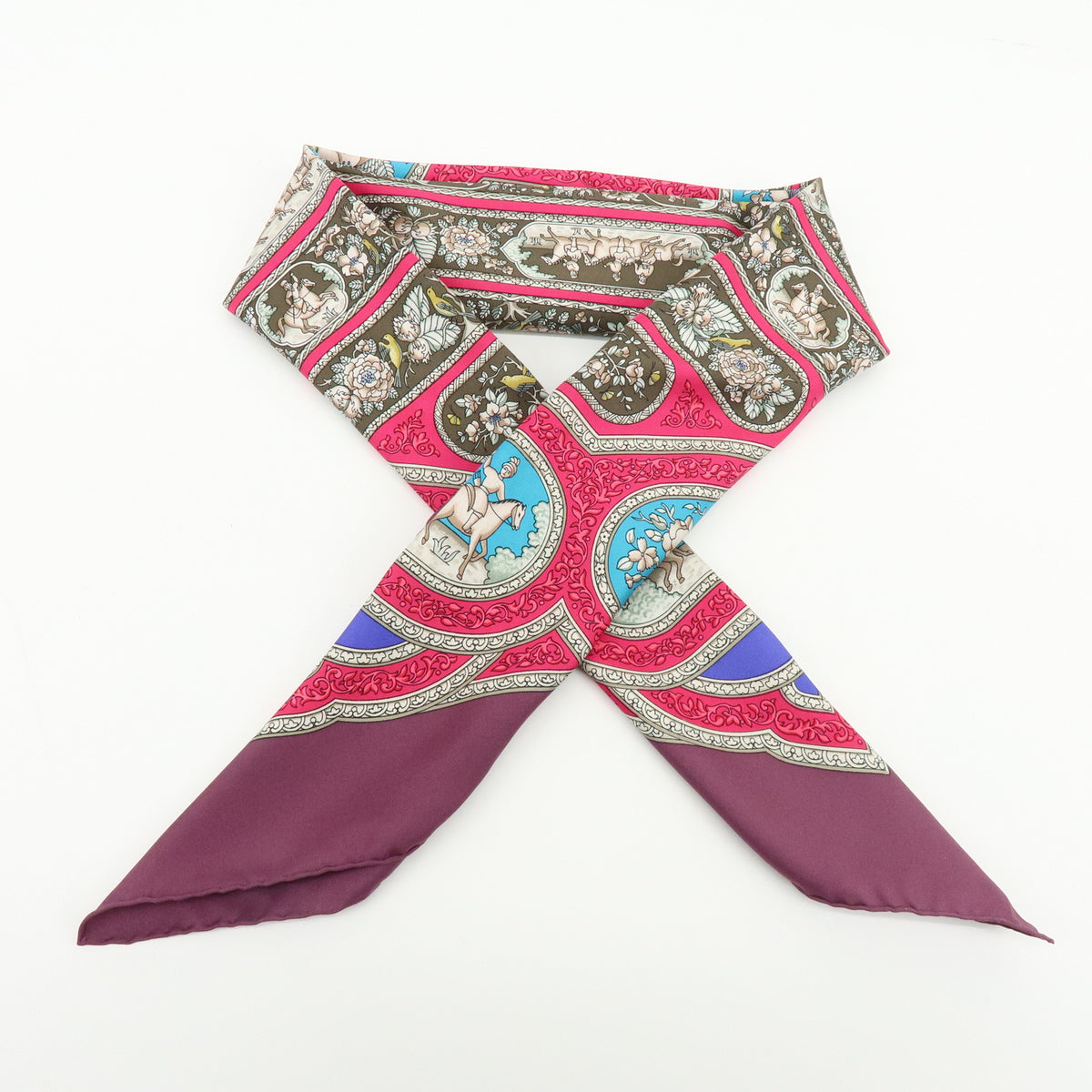 HERMES Carre 90 Silk 100% Scarf QALAMDAN Purple Brown Blue