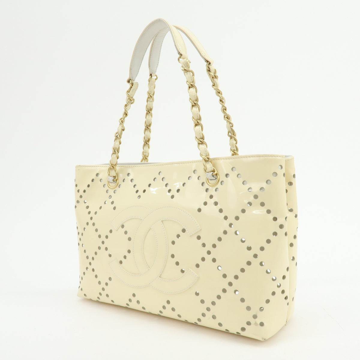 CHANEL COCO Mark Perforated Patent Leather Chain Shoulder Bag Ivory