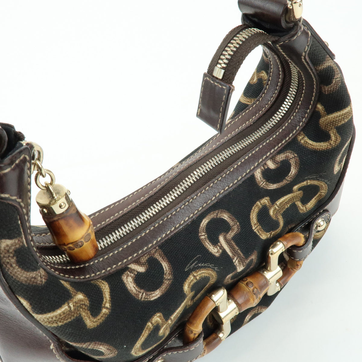 GUCCI Bamboo Horsebit Canvas Leather Shoulder Bag Dark Brown 154378