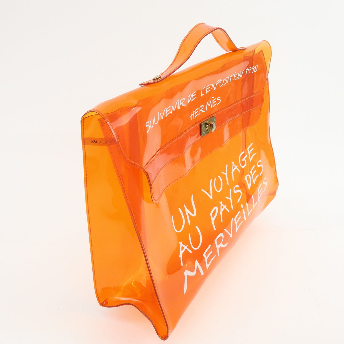 HERMES Kelly Vinyl Turn-Lock Hand Bag Clear Orange