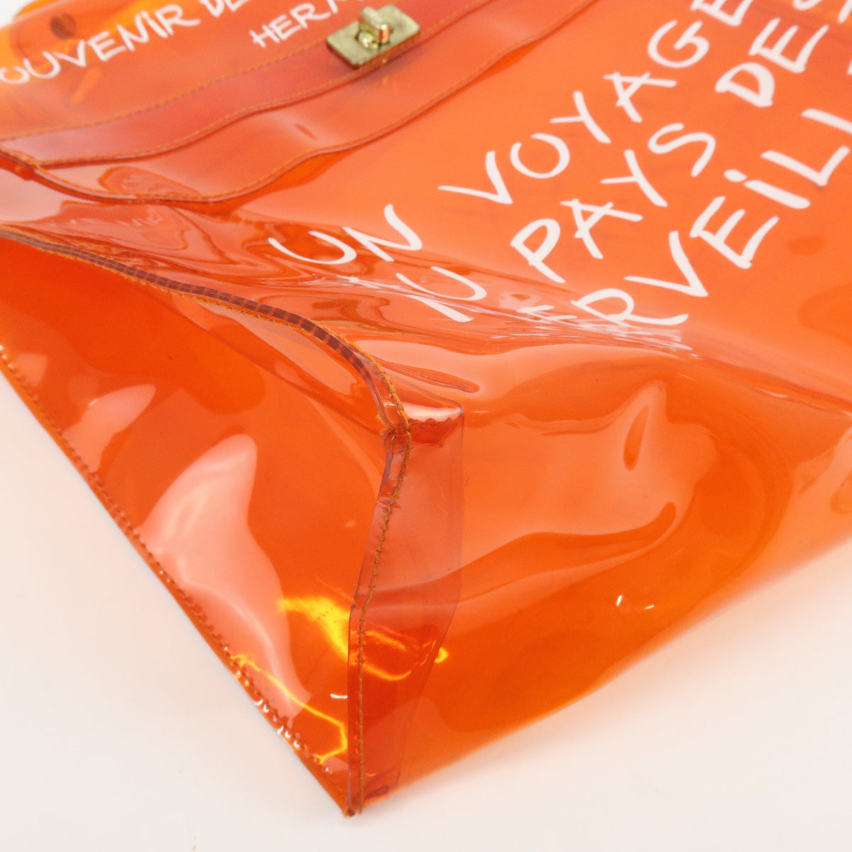 HERMES Kelly Vinyl Turn-Lock Hand Bag Clear Orange
