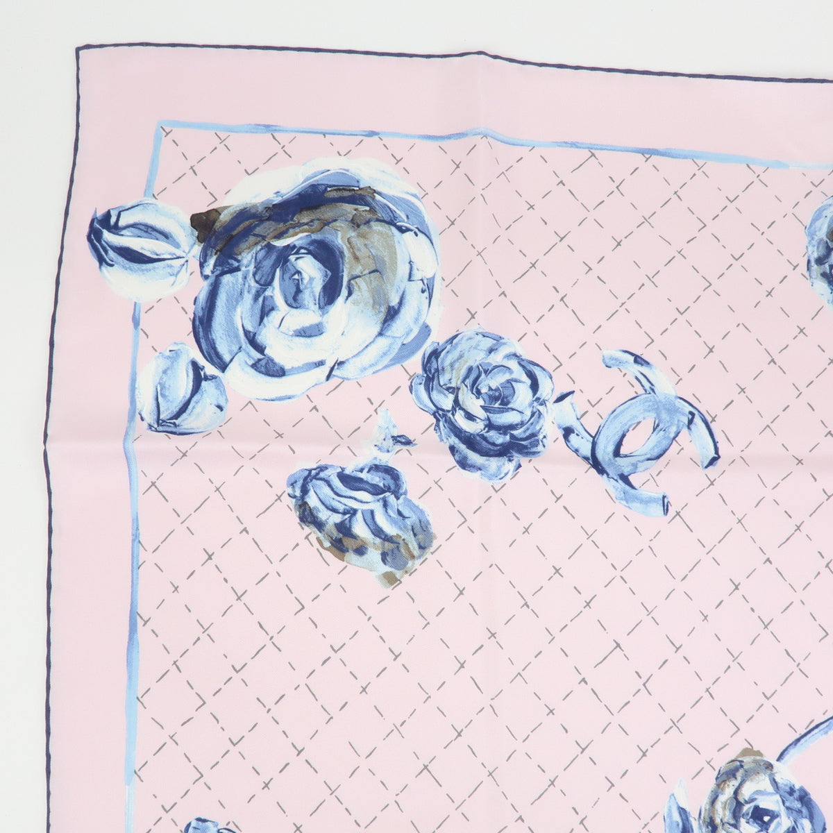CHANEL COCO Mark Silk 100% Scarf Flower Rose Pink Blue