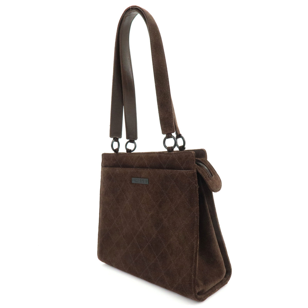 CHANEL Logo Plate Quilting Suede Leather Shoulder Bag Dark Brown Black