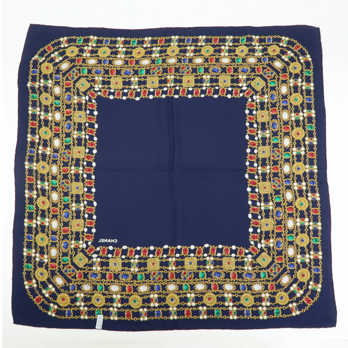 CHANEL Silk 100% Scarf Bijou Chain Print Navy Gold