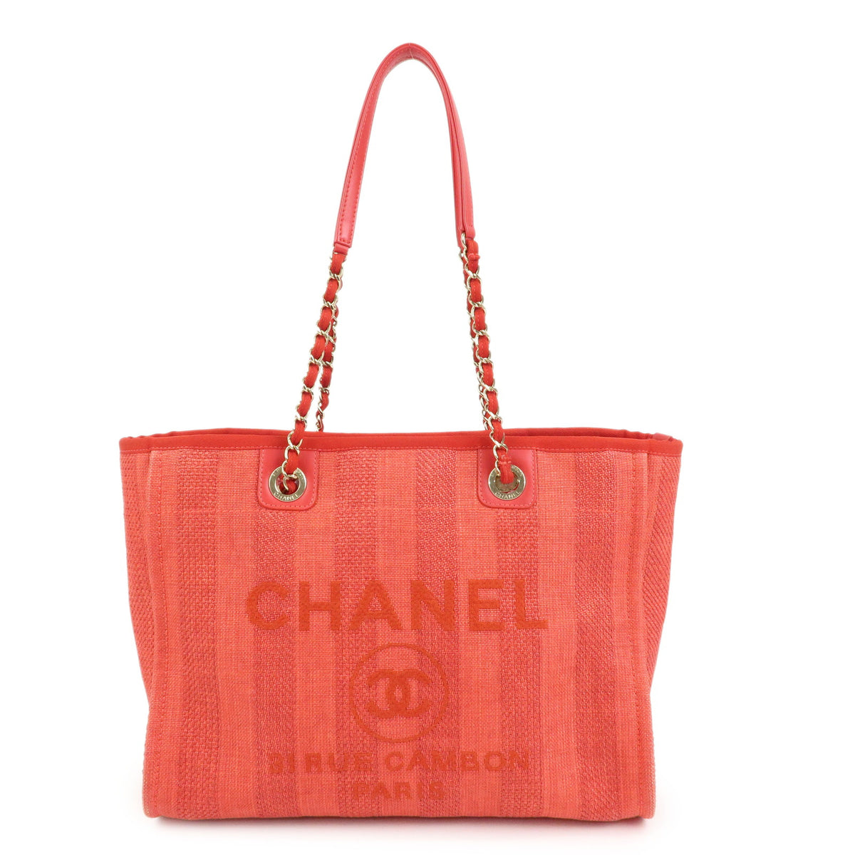 CHANEL Deauville MM Straw Canvas Leather Tote Shoulder Bag Red A67001