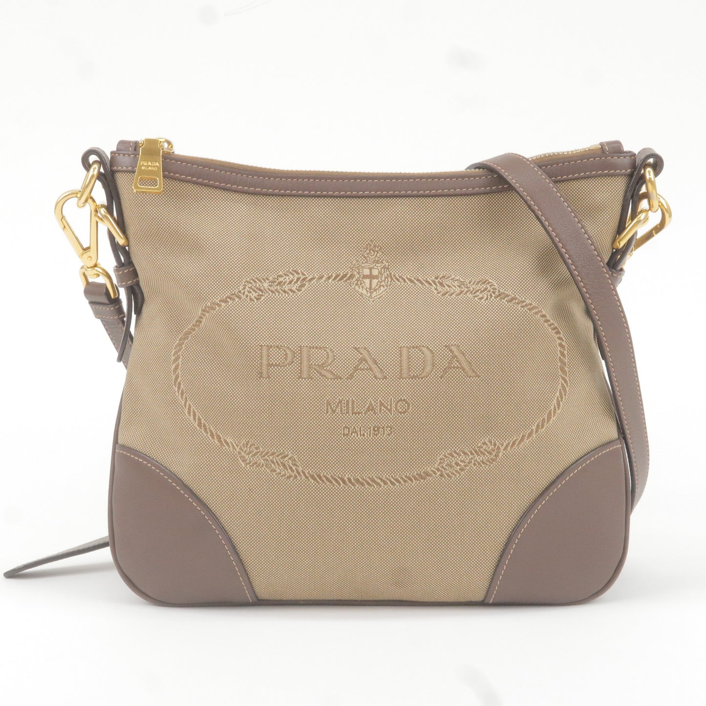 PRADA Logo Jacquard Leather Shoulder Bag Beige Brown BT867A