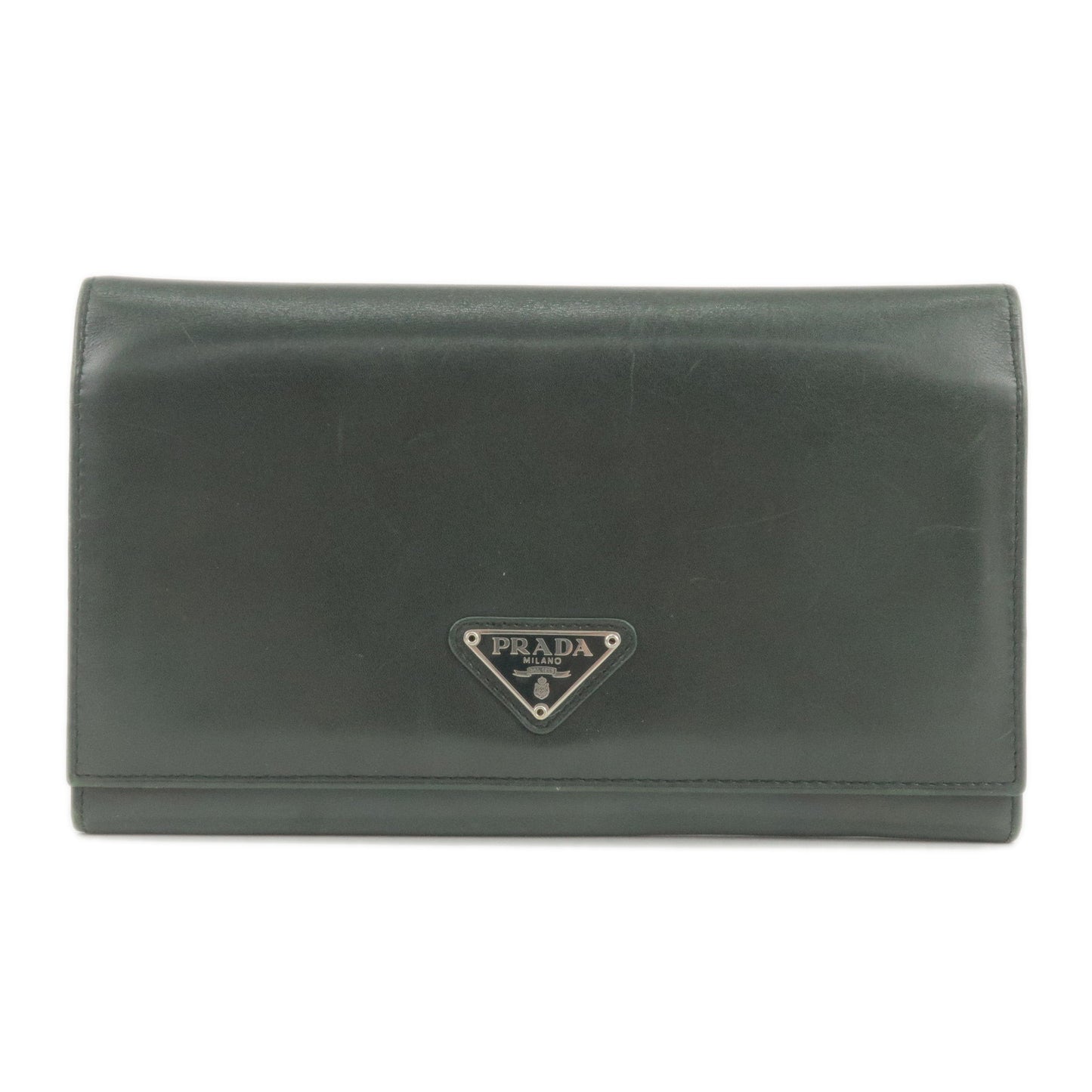 PRADA-Logo-Leather-Bi-Fold-Long-Wallet-With-Flap-Dark-Green