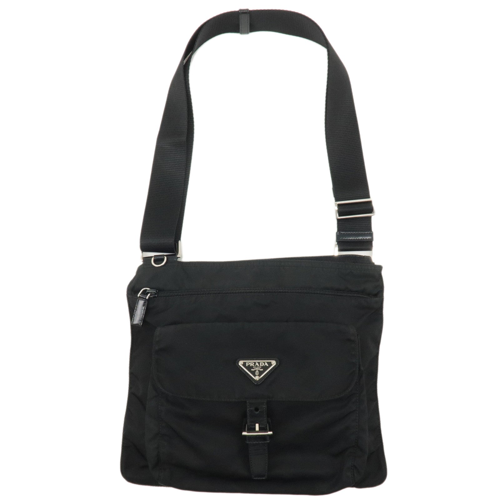 PRADA-Logo-Nylon-Leather-Shoulder-Bag-Crossbody-Bag-Black