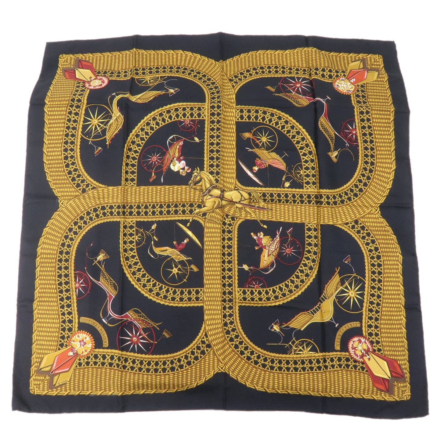 HERMES Scarf Silk Carre 90 VOITURES PANIERS Black Gold