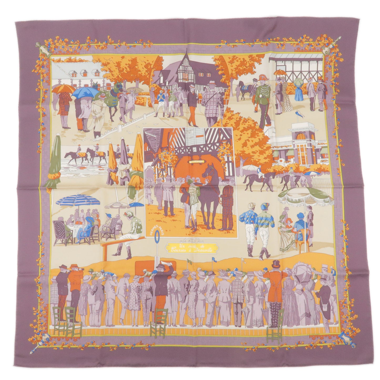 HERMES-Carre-90-Silk-Scarf-Un-siecle-de-Courses-a-Deauville-Purple